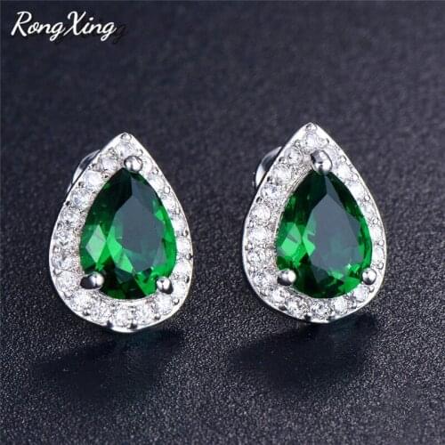 RongXing May Birthstone Water Drop Zircon Stud Earrings For Women Silver Color Green/Blue Teardrop Earring Jewelry