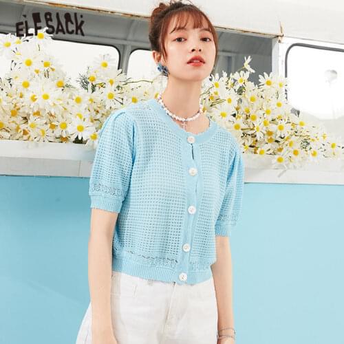 ELFSACK Solid Pure Chic Single Breasted Knit Casual Women Cardigans 2021 Summer ELF Short Sleeve Basic Daily Knitwear