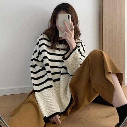 Casual Striped Oversized Sweater Women Autumn Winter Loose Side Split Pullover Knitted Sweaters Clothes Pull Femme