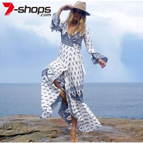 AECU Women Tunic Long Dress V-Neck Summer Maxi Dress Floral Print Beach Dresses Side Split Sexy Female Boho Chiffon Dress