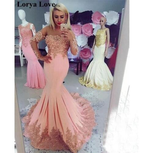 Pink Evening Dresses 2020 Women Party Night Satin Mermaid Long Sleeves Crystal Robe De Soiree Elegant Vestido Long Prom Dress