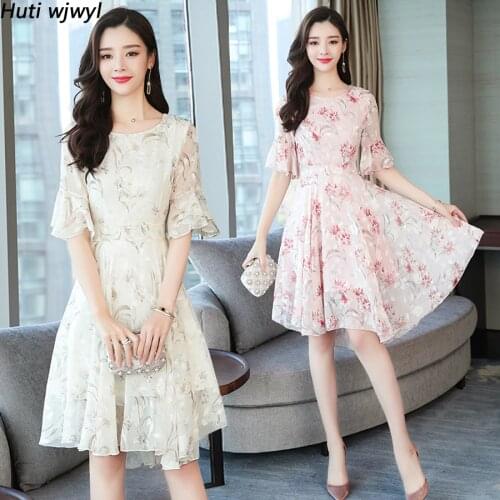 2021 Korean Vintage Plus Size Boho Midi Dresses Summer Floral Chiffon Beach Sundress Elegant Women Short Sleeve Party Vestidos