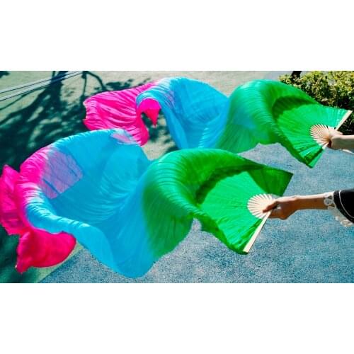 100% silk handmade wholesale high quality Chinese silk veils dance fans 1 Pair of belly dancing fans Green + turquoise+ Rose