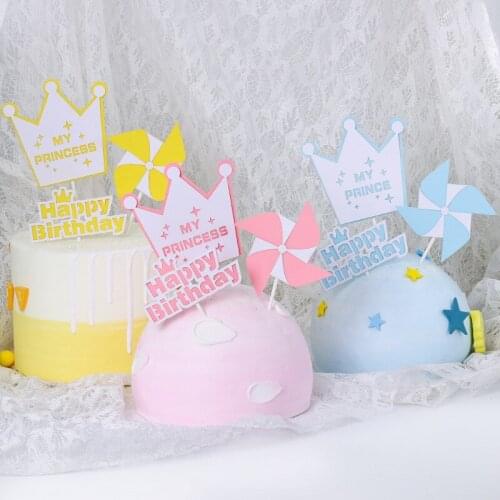 3pcs/set Boy Girl and Windmill Crown Pink Blue Happy Birthday Decor Cake Topper for Childrens Day Party Supplies Lovely Gifts