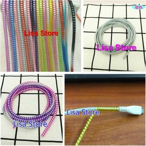 50pcs Plating Sequins 115cm 3 in 1 TPU spiral USB Charger Cable protector cable winder for iphone Phone Charger Earphone Cord