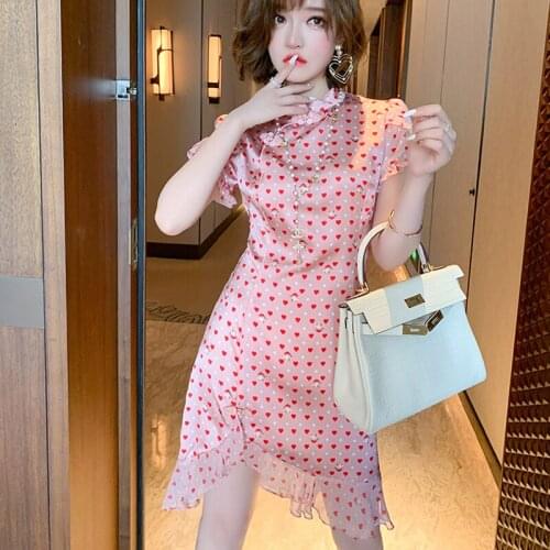 Awarose Stand Collar Buckle Improved Cheongsam Summer Lotus Leaf Cute Print Party Retro Irregular Dress Women Qipao Clothes