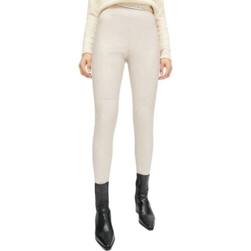 2020 Fashion Autumn Winter Women High Wasit Faux Leather Trousers Lady Black Beige Fleece PU Zippers Skinny Stretch Pencil Pants