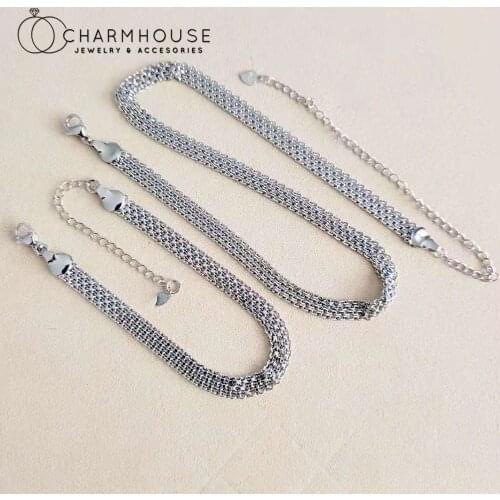 Pure Silver 925 Jewelry Sets For Women 5.5mm Lace Chain Bracelet & Necklace 2pcs Set Wristband Choker Chain Wedding Jewelry Gift