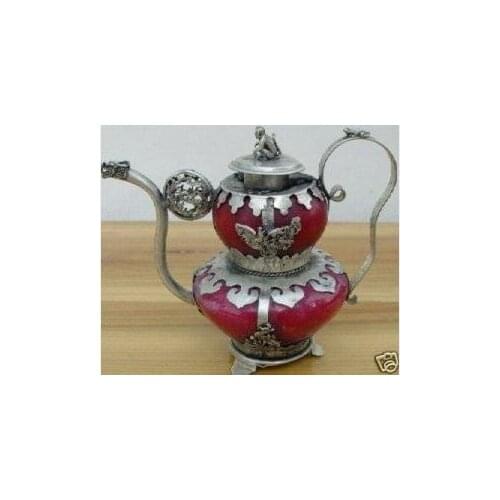 Crafts Arts design Decorate Chinese tibet silver Red Jade Dragon teapot shipping tools wedding Decoration Brass