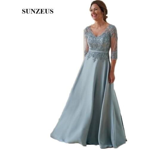 V Neck A-Line Elegant Bride Mother Dress 3/4 Sleeve Lace Appliques Mother of the Bride Wedding Party Gows Long avondjurken