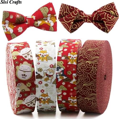 Sisi 10 25 50mm Japanese Kimono Style Shiba Inu Ribbon Print Fortune Cat Fabric Cotton Bias DIY Hair Bow Collar Handmade Trim