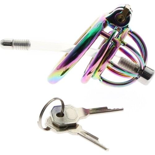 BDSM Rainbow Stainless Steel Cock Cage with Urethral Catheter Erotic Chastity Device lockin Penis Cock Ring Sex Adlult Toys