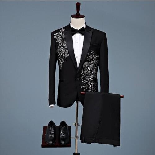 New arrival Men Stylish Embroidery Black Sliver Floral Pattern 2 Sets Suits Stage Singer Wedding Groom Jacket Pants 2 pieces