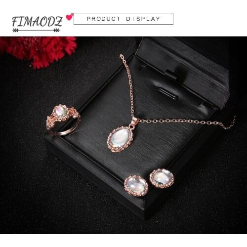 FIMAODZ Trendy Jewelry 3/pcs Set Wedding Rose Gold Color Earrings Ring 48cm Gem Necklace Women Fashion Anniversary Party Gifts