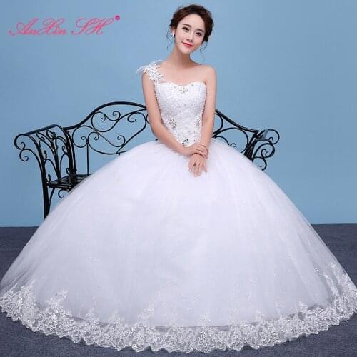 AXJFU princess lace white wedding dress party vintage one neck sparkly beading crystal turkey illusion ball gown wedding dress