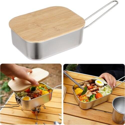 304 Stainless Steel Lunch Box With Dual Use Lid Bento Box With Bamboo Cover 900ml Capacity For Outdoor Camping Picnic Cooking