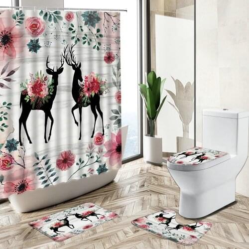 Elk Animal Shower Curtain Flower Plant Leaf Abstract Watercolor Art Couple Bathroom Decor Non-Slip Rug Toilet Cover Bath Mat Set
