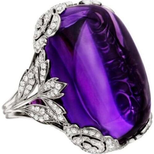 Trendy Big Oval Egg Shape Purple Fire Opal Ring Cubic Zircon Halo Engagement Wedding Rings for Women Boho Jewelry Anillos Mujer