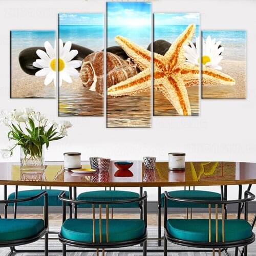 Modular Home Decor HD Frame 5 Pieces/Pcs Sea Beach Shell Painting Canvas Tableau Modern Print Wall Art Pictures For Living Room