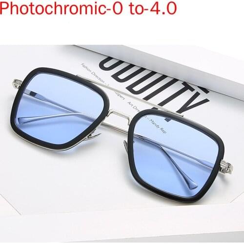0 To -4 Half Frame Photochromism Myopia Glasses Men Metal Square Sun Discoloration Short-sighted blue lens Eyeglasses Women NX