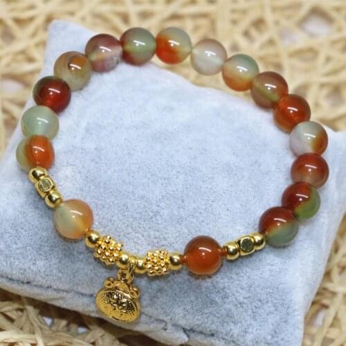 Natural semi-precious multicolor chalcedony jades stone bracelets women 8mm round beads gold-color lucky pendant jewelry B2086