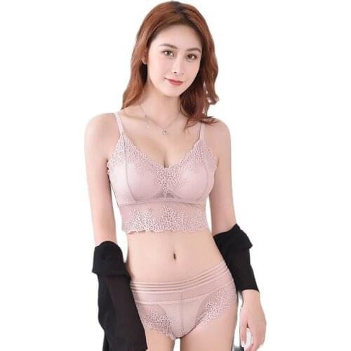 New Women Snowflakes Large U Lace Gathered Bra Without Rims On The Wrapped Chest Set With Briefs