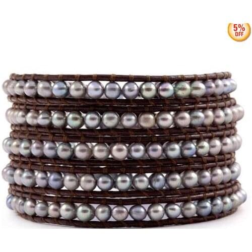 New Arrival 5 Rows Wrap Real Pearl Bracelet Grey Black Freshwater Pearls On Leather Handcrafted 32'' Wedding Birthday Women Gift