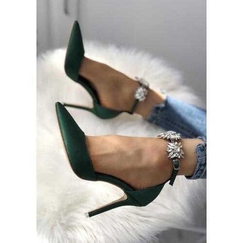 Sexy Satin Smooth Pointy Green Pink Black Women Rhinestone Pumps Fashion New Stilettos High Heels Party Dress Shoes