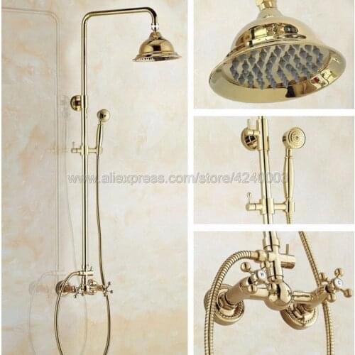 Luxury Gold Color Brass Bathroom Shower Faucet Bath Faucet Mixer Tap With Hand Shower Head Set Wall Mounted Kgf326