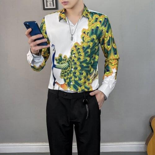 Fashion Autumn Luxury Peacock Print Long Sleeve Shirts For Men Clothing Simple Slim Fit Casual Chemise Homme Streetwear Tuxedo