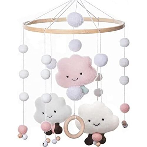 Cute Baby Rattles Wooden Mobile for Crib Felt with Colorful Cotton Cloud Wind Chimes Bell Peal Boy/Girl Art Mobile Decor Gifts