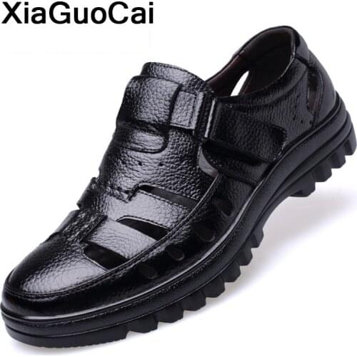 2020 Summer Men Casual Shoes Hollow High Quality Leather Man Flats Breathable Hook & Loop Male Footwear Sandals For Middle-aged