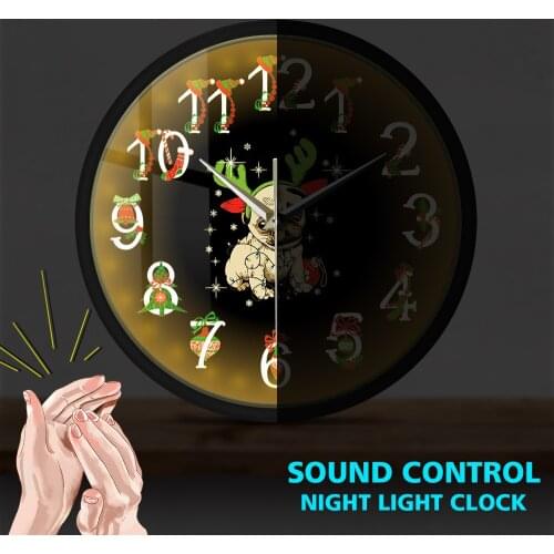 Funny Deer Pug Sound Activated Light Emitting Wall Clock Pug with Antlers Holidays Decor Metal Frame Round Clock
