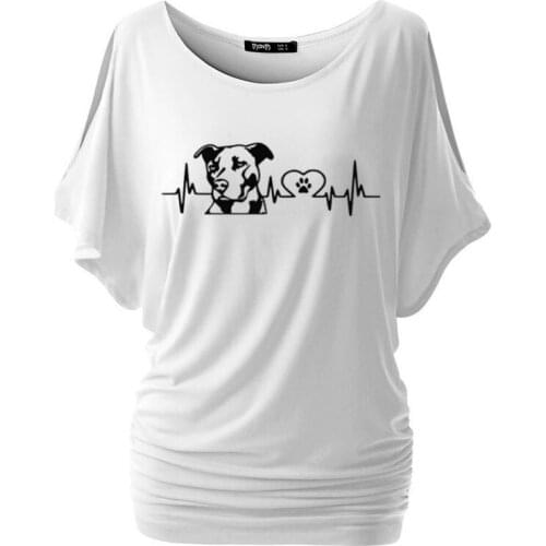 Funny Personality Pitbull Love Heartbeat Print T-shirt Summer Women Batwing Sleeve O-neck Cotton T Shirt Girl Harajuku Tees Tops