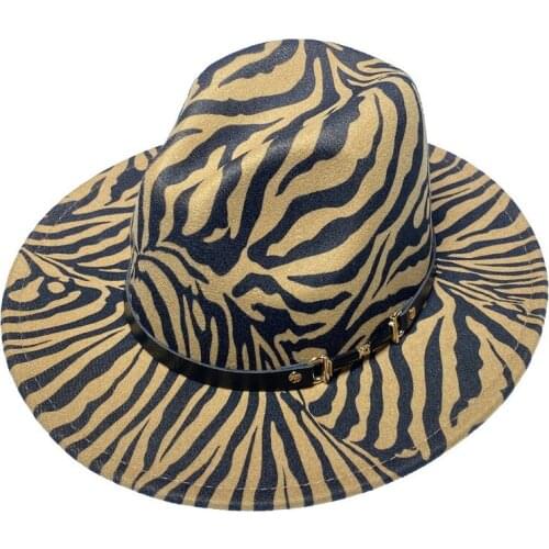 WZCX Zebra Pattern Personality Belt Women Jazz Hat Fashion New Autumn Winter Wide Brim Stripe Unisex Top Hat Felt Cap