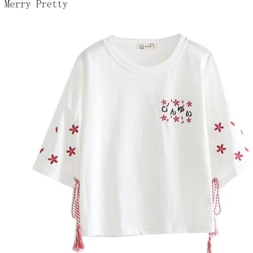 Floral Embroidery Lace Up T Shirts For Women 2020 Summer Round Neck Short Sleeve Cotton T-shirt Sweet Style Girl Casual Tops Tee