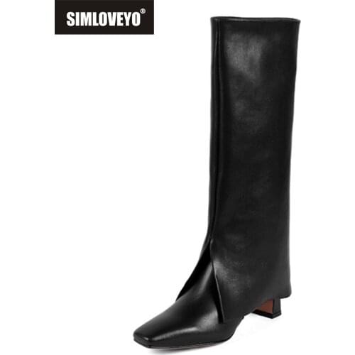 SIMLOVEYO Women genuine leather boots Square toe Lazy Leisure Fashion High quality Big Tube Solid Female Autumn winter boats Hot