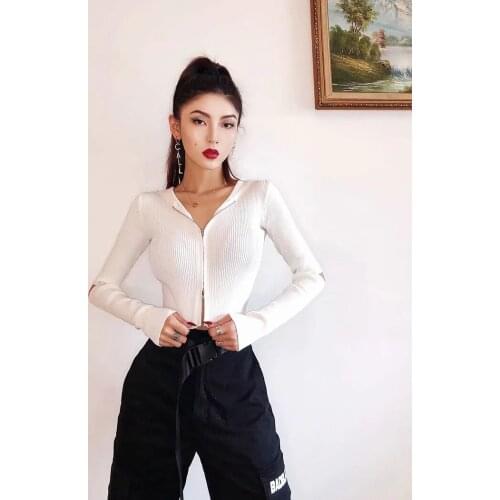 2020 Autumn New Womens Fashion Solid Color Zipper Hooded Double Sleeve Hollowed Out Short Knitted Top