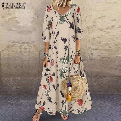 Summer Vintage Floral Printed Sundress ZANZEA Women V Neck 3/4 Sleeve Bohemian Beach Dress Robe Femme Holiday Long Vestidos Robe