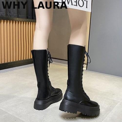 Winter 2021 womens boots Black high boots round toe platform heel leather boots womens white combat dress boots