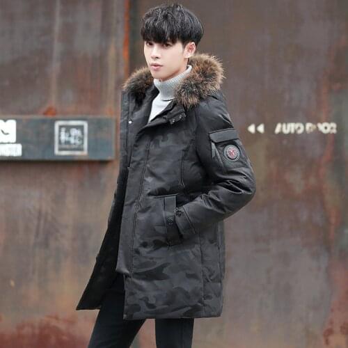 Winter mens long camouflage down jacket cashmere hood