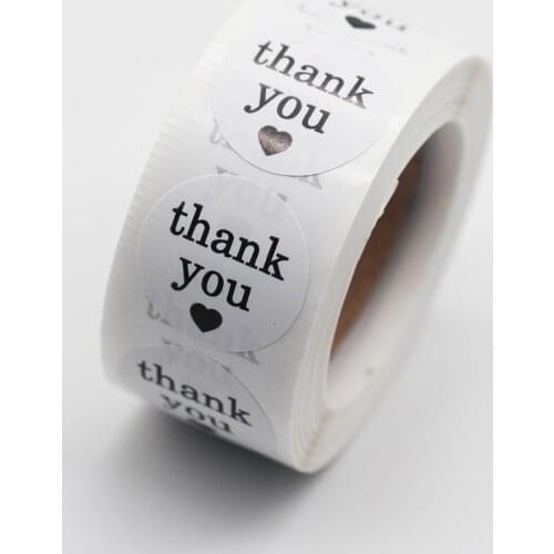 1inch White Semi Gloss Thank You With Black Heart Stickers Round Adhesive Labels For Package/Promotional label 500pcs/roll