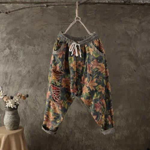 2021 Ripped Boyfriend Jeans for Women High Waist Loose Denim Distressed Pants Female Vintage Floral Print Trousers Jean