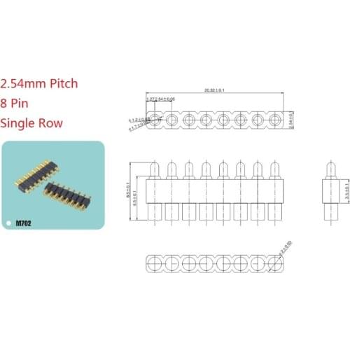 50pcs Spring loaded pogo pin connector 8 Pin Pitch 2.54mm Surface Mount PCB SMT brass material Gold 1u rating 1.0 Amp current