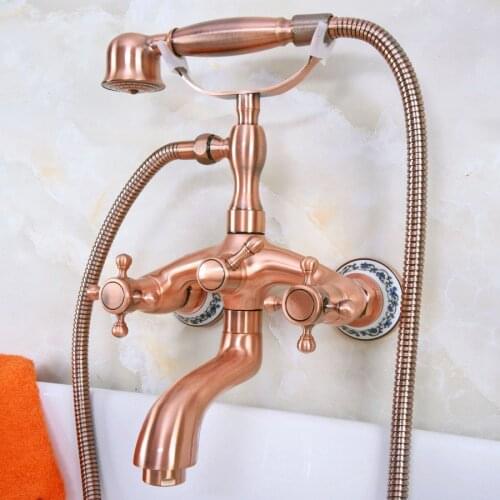 Antique Red Copper Brass Wall Mounted Bathroom Clawfoot Tub Faucet Mixer Tap Telephone Shower Head Dual Cross Handles ana324