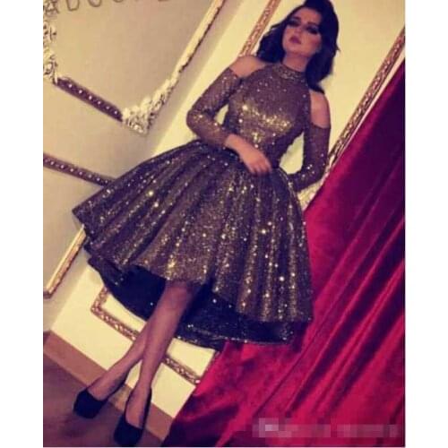 Bling Bling Chocolate Sequin Prom Gowns Crystal Ball Gown Short Homecoming Dresses High Low High Neck Long Sleeve Cocktail Event