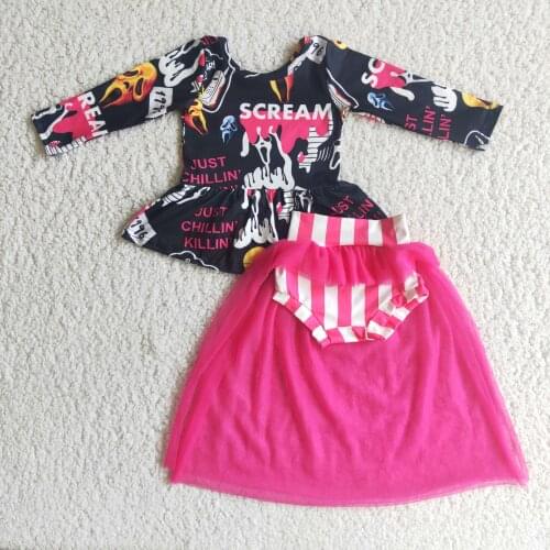Hot Sale Halloween Bummies Sets For Baby Girls Scream Skull Designer Long Sleeve and Bummies with Pink Gauze