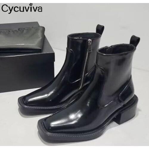 Designer Square Toe Chelsea Ankle Boots For Women Chunky Heel Winter Short Boots British Black Lether Flat Knight Boots Femme