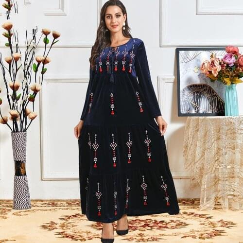 Dubai Muslim Velvet Abaya Winter Dress Women Moroccan Kaftan Print A-line Hijab Vestidos Maxi Turkey Prayer Islamic Clothing