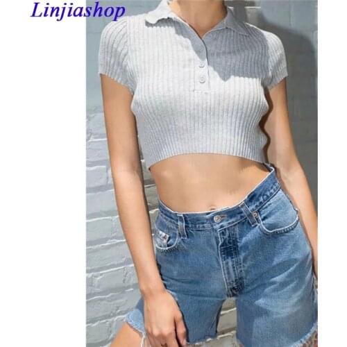 Elegant casual womens cropped pullover sweaters short sleeve spring summer outwear woman solid knitted crop top